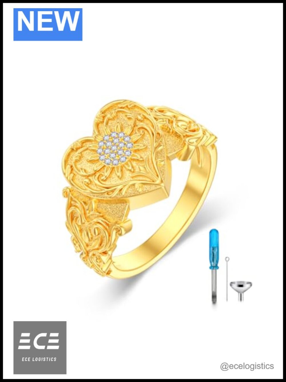 SOULMEET 18k Gold Plated Silver Lab Grown Diamond Sunflower Urn Ring Size 8